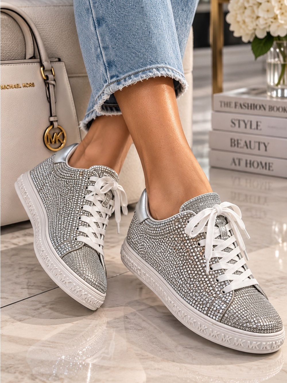 Michael Kors Rhinestone Crystal Silver Sneakers Women’s Size 10 NWOT